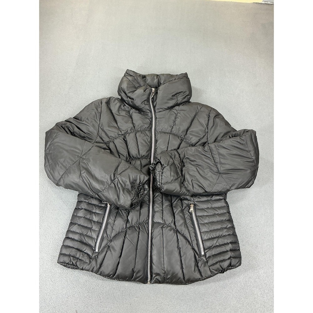 GUESS Jacket Womens L Black‎ Puffer Insulated Mid-Length Down Logo Zip Pockets
